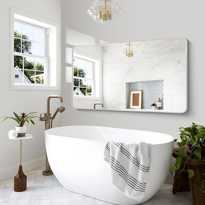 Silver Bathroom Mirror,60x36 inch Wall Mirror for Bathroom Wall Mounted,Rectangle Mirror for Bathroom Over Sink,Modern Frame Round Corner for Living Room,Bedroom Entryway,Horizontal/Vertical-StrideForce Fitness