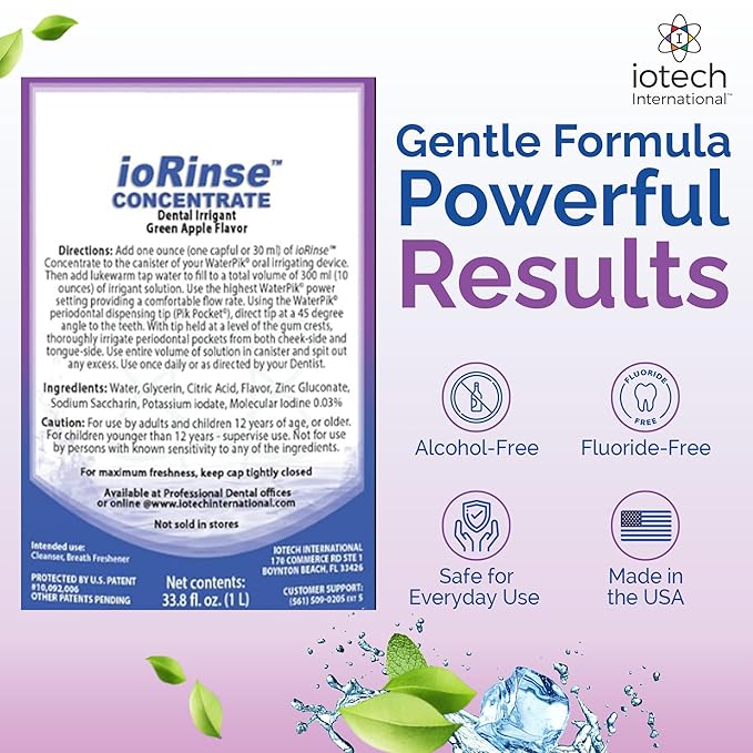 ioRinse Concentrated Irrigant with Active Molecular Iodine, Alcohol-Free Dental Irrigant, for use with Waterpik Water Flossers, and All Other Oral Irrigation Devices