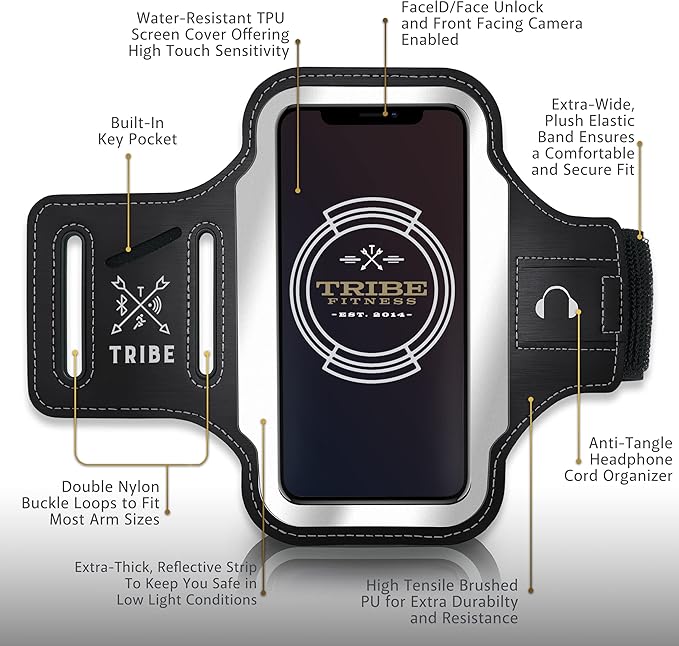 TRIBE Running Phone Holder Armband. iPhone & Galaxy Cell Phone Sports Arm Bands for Women, Men, Runners, Jogging, Walking, Exercise & Gym Workout. Fits All Smartphones. Adjustable Strap, CC/Key Pocket-StrideForce Fitness
