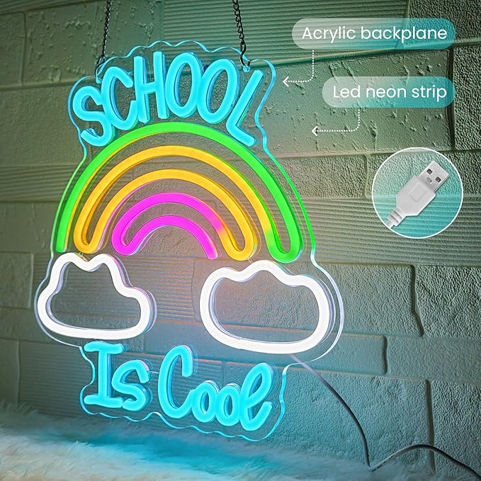 School is Cool Neon Sign,Classroom Neon Sign,Reading Rainbow Sign,USB Powered with Dimmable Switch,Neon Light Sign,Neon Signs for Wall Decor for Classroom,School Led Sign-StrideForce Fitness