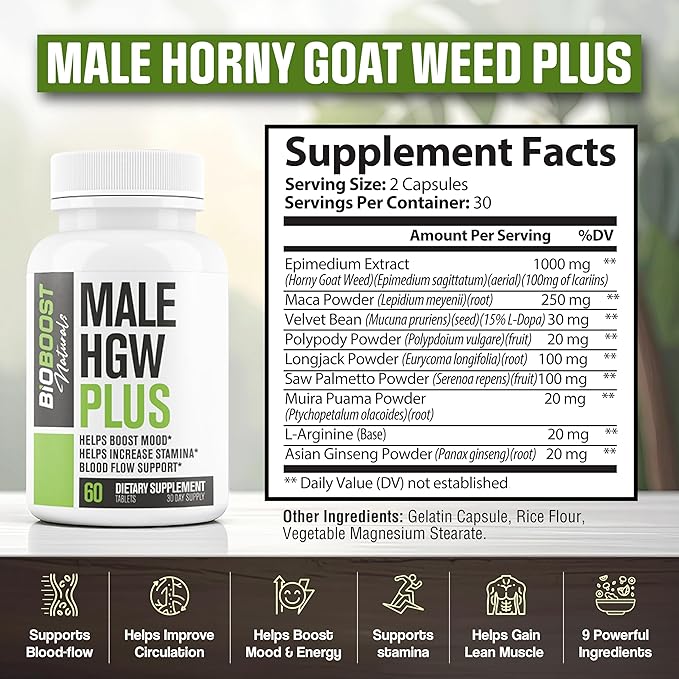 Male Horny Goat Weed PLUS 8 Ingredients - Performance Pills for Men w/ Fast Acting Blood Flow to Boost Energy, Gain Muscle, Assist Circulation | 9 Smart Ingredients | 3rd Party Tested - 60 Capsules-StrideForce Fitness