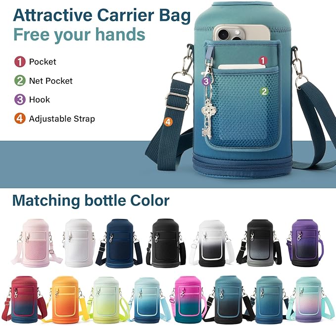 Insulated Water Bottle | Thickened Stainless Steel Vacuum Metal | Portable Sports Half Gallon Large Water Jug for Gym and Hiking with Straw, Carrier Bag, Handle Strap | BPA-Free 64 oz-StrideForce Fitness