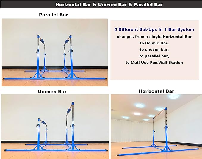Gymnastics Double Horizontal Bars 3Play Parallel Bars Uneven Bars Gymnastics Training Kip Bar with 304 Stainless Steel Regulating Arms & Fiberglass Rail for Indoor Outdoor Home Club Use-StrideForce Fitness