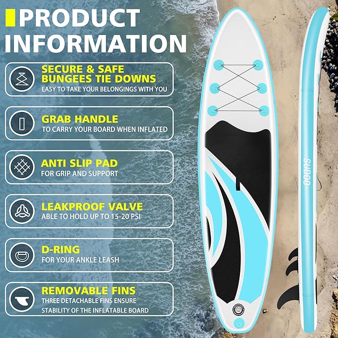 Inflatable Stand Up Paddle Board 10‘x30‘‘- Ultra-Light SUP with Backpack, Pump, Paddle, Coil Leash, 3 Fins, Repair Kit, Stable Design, Non-Slip EVA Deck for Adults & Youth-StrideForce Fitness