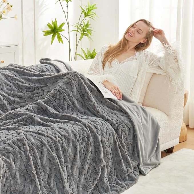 Cozy Bliss Faux Fur Throw Blanket for Couch, Jacquard Fuzzy Plush Soft Thick Winter Throw Blanket for Sofa Bed Living Room Bedroom，50"x60" Grey-StrideForce Fitness