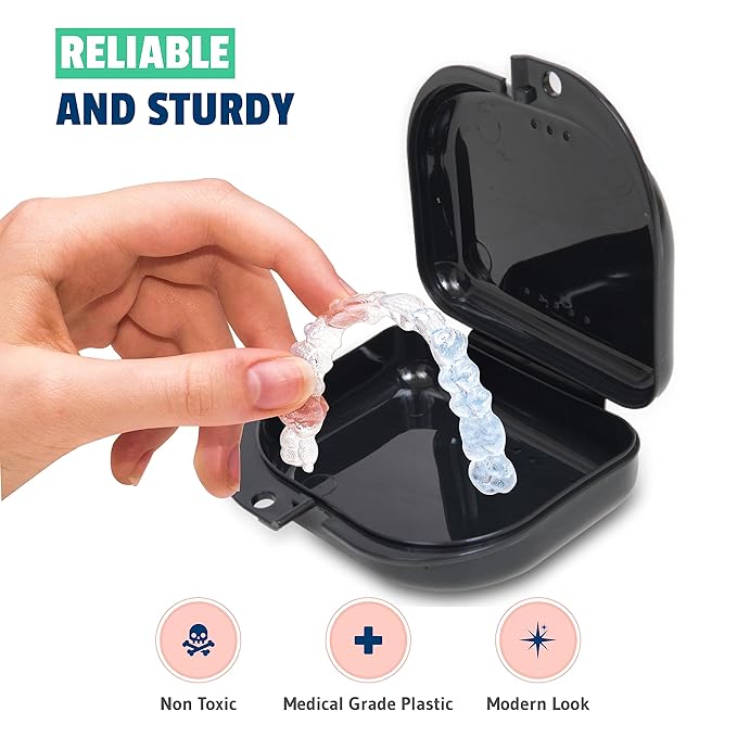 Orthodontic Retainer case with Vent Holes for Invisalign, Night Guard, Mouth Guard Retainer Holder & Partial Denture Case with Slim Aligner Remover Tool, Chewie, Brush & Carabiner Clip-Travel Pack