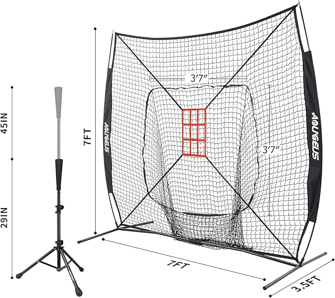 7'X7' Baseball Softball Practice Net,Pitching Net,Batting Net,with Baseball Tee,Bonus Strike Zone and Bow Frame,for Hitting,Pitching, Catching-StrideForce Fitness