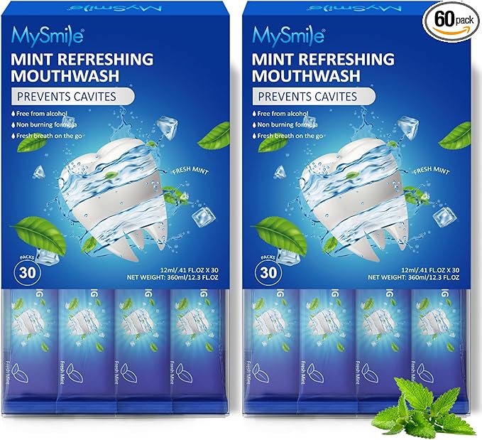 MySmile Mouthwash Alcohol Free, Mouth Wash for Adults, Travel Mouthwash Helps Kill 99% of Bad Breath Germs, Prevents Cavities, Fluoride Free, Fresh Mint, 30 Uses (0.41 Fl Oz (Pack of 60))