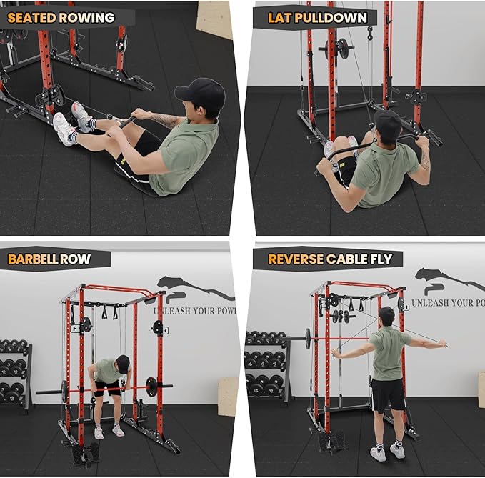 GaveeLife Power Cage, 2000 LBS Power Rack with Cable Cross-Over System, Multi-Functional Strength Training Squat Rack with LAT Pull Down System, Home Gym Equipment with Training Attachment, Red-StrideForce Fitness