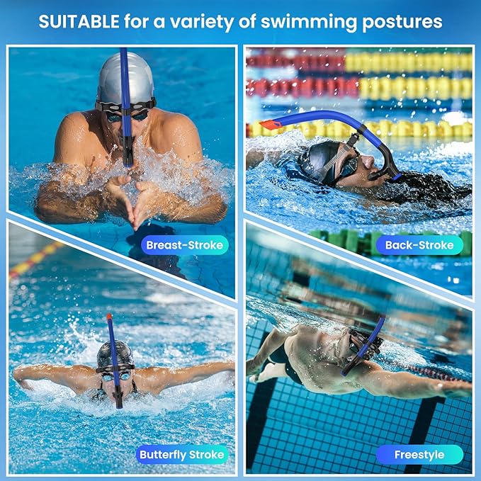 Swimmer's Snorkel for Lap Swimming, Adult Snorkeling Gear Swim Training, Center-Mount Silicone Mouthpiece One-Way Purge Valve in Pool and Open Water-StrideForce Fitness