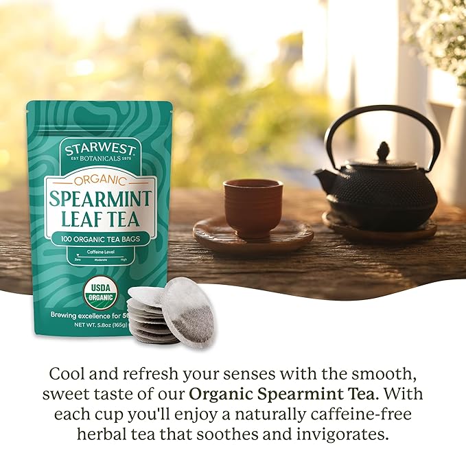 Starwest Botanicals Organic Spearmint Leaf Tea - Caffeine Free Herbal Tea, Promotes Calm, USDA Organic Spearmint Leaf, String Free Sachets, Non GMO - Bulk Pack, 100 Tea Bags-StrideForce Fitness