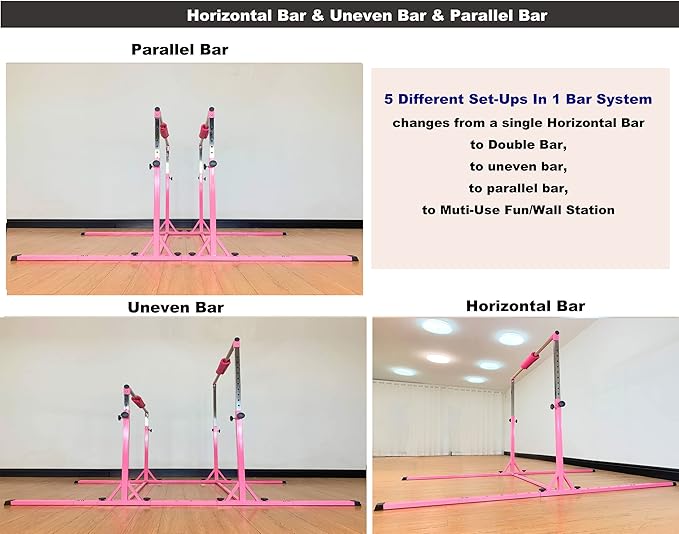 Gymnastics Double Horizontal Bars 3Play Parallel Bars Uneven Bars Gymnastics Training Kip Bar with 304 Stainless Steel Regulating Arms & Fiberglass Rail for Indoor Outdoor Home Club Use-StrideForce Fitness