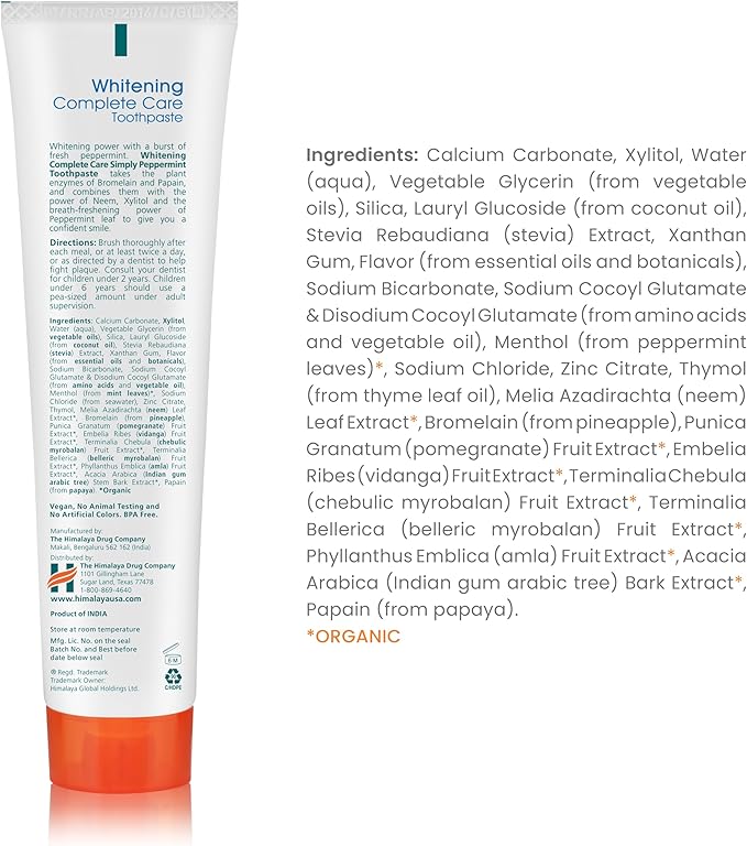 Himalaya Botanique Whitening Complete Care Toothpaste, Peppermint Flavor - Whitening Toothpaste Without Fluoride for Brighter Teeth & Fresh Breath - Vegan, Gluten Free, 5.29 oz
