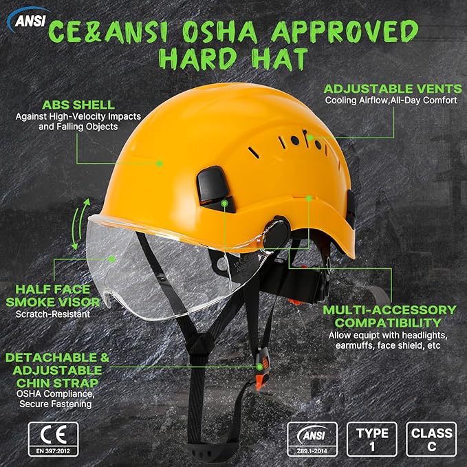 AOLAMEGS Construction Yellow Hard Hats - ANSI Z89.1 Class C Approved Adjustable Vented Hard Hat with Clear Visor for Men Women 6-Point Suspension ABS Safety Helmet for Outdoor Height Work-StrideForce Fitness