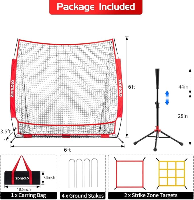 6x6ft Baseball & Softball Net for Hitting,Pitching and Batting, Throwing,Baseball net with Sturdy Bow Frame,Battting Tee,Strike Zone, Middle Size,Suitable for Kids!-StrideForce Fitness
