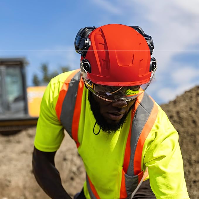 GE Safety Helmet, Impact Absorbing Tech, Adjustable Ratchet, ANSI Type 1, Memory Foam Padding, Hard Hats Protection, Lightweight, Durable, Chin Strap, Comfortable Fit OSHA Approved-StrideForce Fitness