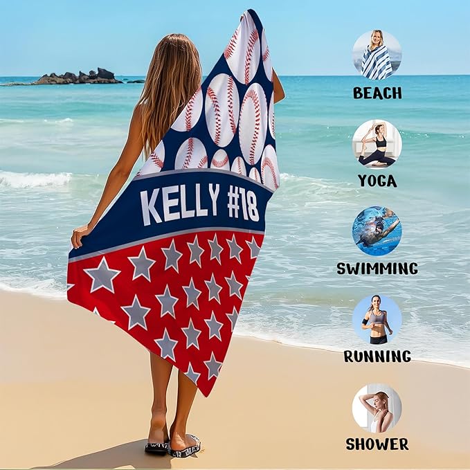 Personalized Beach Towel With Name, Custom Beach Towel with Text, Customized Microfiber Pool Towel, Quick Dry & Absorbent Swim Towel for Adult,Anniversary, Birthday, Summer Holiday,Vacation,Baseball-StrideForce Fitness