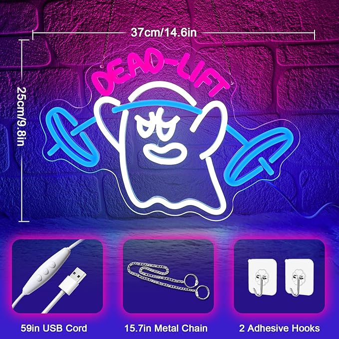 Dumbbell Neon Sign,Neon Signs for Wall Decor,Gym Neon Sign,Ghost Dead Lift Led Sign,Barbell Led Signs for Wall,USB Powered with Dimmable Switch Neon Lights for Bedroom,Gym Decor,Workout-StrideForce Fitness