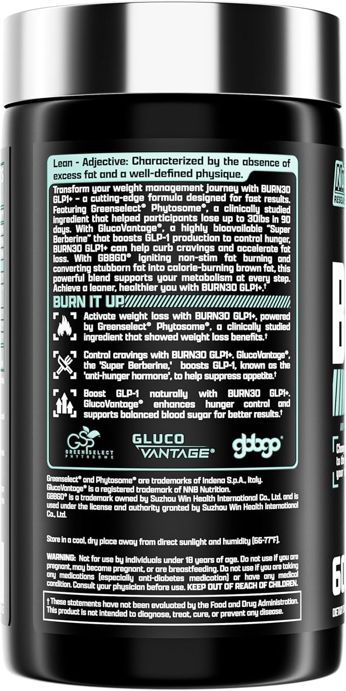 Nutrex Research BURN30 GLP1+ Super Berberine Chromium Picolinate Weight Management Support | Advanced Appetite Control & Metabolism Support with Clinically Studied Ingredients | Stimulant Free-StrideForce Fitness