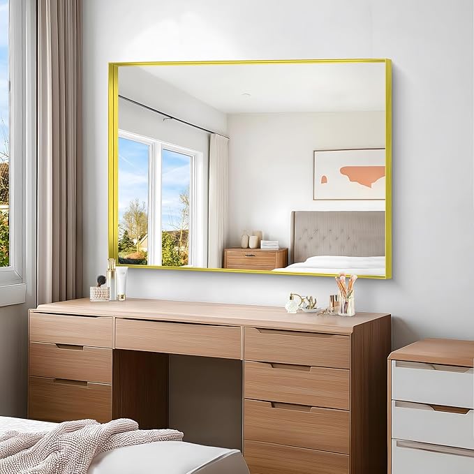 Gold Bathroom Mirror, 36x48 Inch Rectangular Framed Mirror, Large Wall Mounted Bathroom Vanity Mirror Over Sink for Bedroom,Restroom, Living Room, Hangs Vertically or Horizontally-StrideForce Fitness