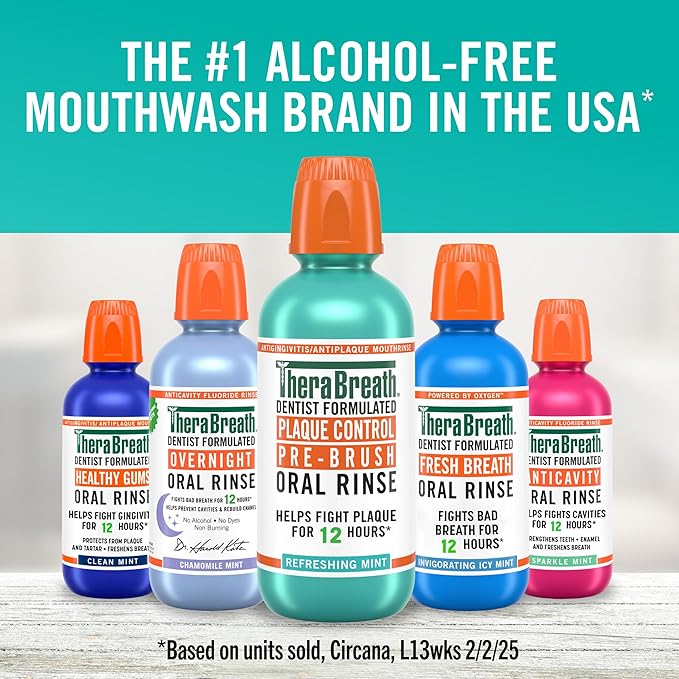 TheraBreath Plaque Control Pre-Brush Oral Rinse, Refreshing Mint Flavor, Antigingivitis and Antiplaque Rinse, Dentist Formulated, Alcohol Free, 16 Fl Oz (Pack of 2)