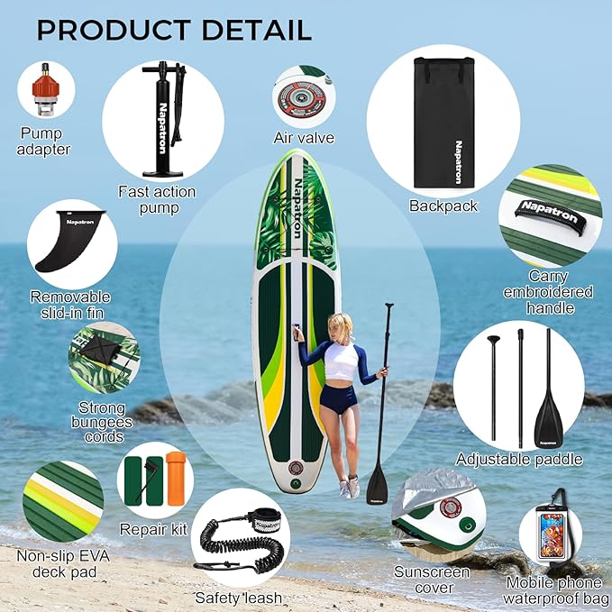 Napatron Family Inflatable Stand Up Paddle Board, Sup,Stable Wide Design,350LBS Capacity,Complete Paddle Board Package with Fast Action Pump,Leash,Ideal for Beginners/Youth & AllSkill Levels-StrideForce Fitness