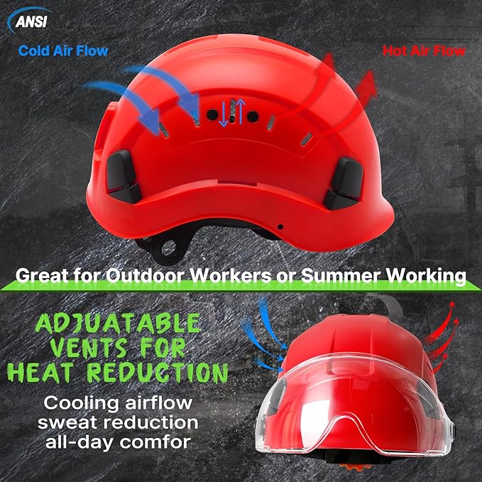 AOLAMEGS Hard Hats Construction OSHA Approved - ANSI Z89.1 Red Safety Hardhats, High Impact ABS Hardhat, Adjustable Vented Construction Worker Hat with Clear Visor, Cascos de Construccion-StrideForce Fitness