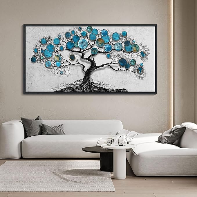 CHATYOUNG Wall Art Living Room - Large Art Teal Blue Tree Abstract Landscape Modern Paintings Black Framed Artwork for Bedroom Dining Room Office Kitchen Home Decor 58"x29"-StrideForce Fitness