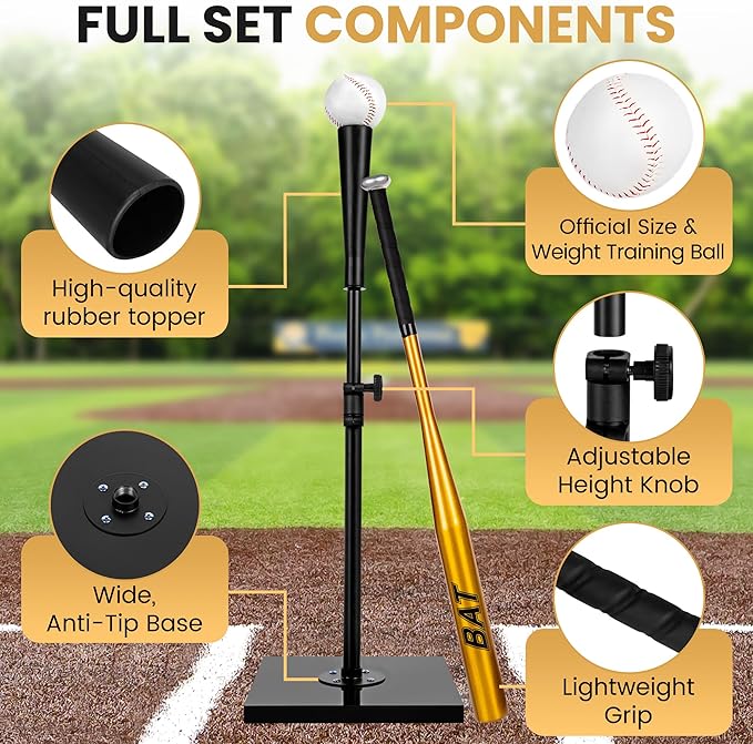 Baseball Batting Tee Set with Light Weight Aluminum Bat and Baseball - Hitting Tee - Baseball Tee - Batting Tees for Baseball - Hitting Tee for Baseball - Baseball Hitting Tee - Baseball Tee Set-StrideForce Fitness