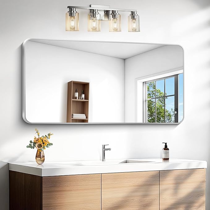 Silver Bathroom Mirror,24x48 inch Wall Mirror for Bathroom Wall Mounted,Rectangle Mirror for Bathroom Over Sink,Modern Frame Round Corner for Living Room,Bedroom Entryway,Horizontal/Vertical-StrideForce Fitness