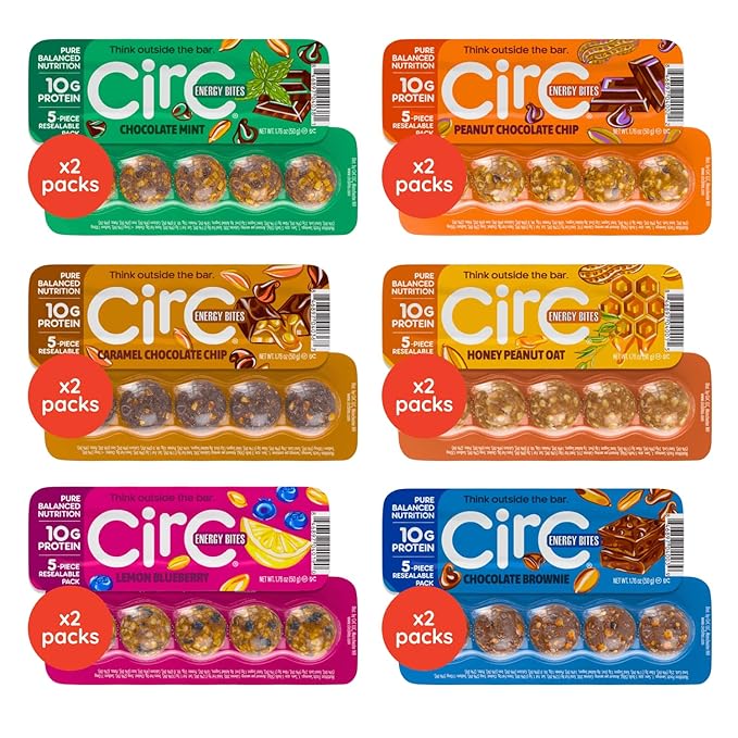 CirC Energy Bites - New Variety 12 Pack Gluten Free Protein Balls - 10g Protein, Whole Grains, Nuts & Fruit - Portable Healthy Snacks for Adults & Kids, 5 Piece Resealable Packs-StrideForce Fitness