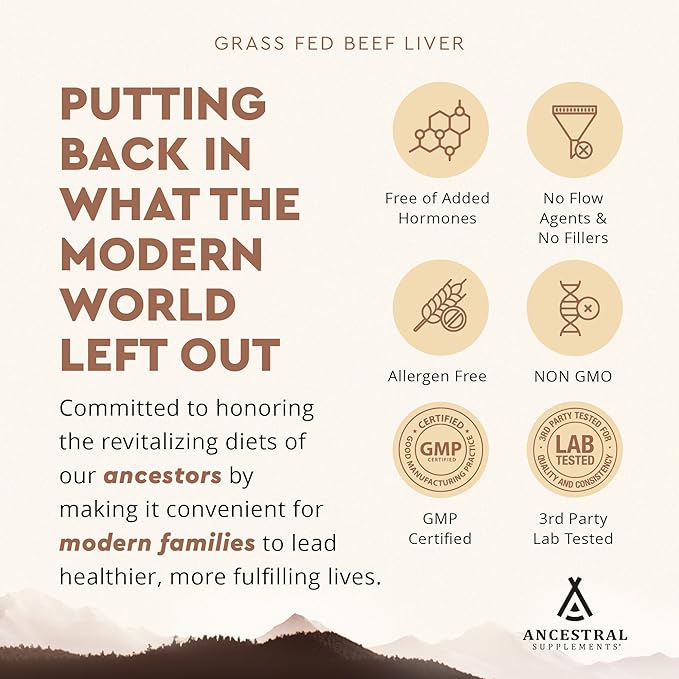 Ancestral Supplements Grass Fed Beef Liver 180 Capsules, Supports Energy Production, Detoxification, Digestion, Immunity and Full Body Wellness, Non-GMO, Freeze Dried Liver Health Supplement-StrideForce Fitness