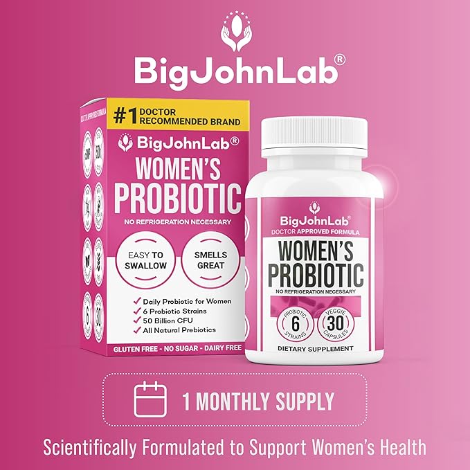 BIGJOHNLAB® - Women's Probiotic Supplement – 50 Billion CFU, 6 Active Strains + Prebiotics – Supports Digestion, Immunity & Wellness – Acid-Resistant, Dairy & Sugar Free, No Refrigeration, 30 Capsules-StrideForce Fitness