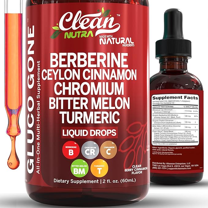 Clean Nutra Berberine with Ceylon Cinnamon Supplement Liquid Drops + Bitter Melon Extract, Glucomannan, Gymnema, Chromium, Turmeric, Organic Panax Ginseng, Moringa GLP-1 Support-StrideForce Fitness