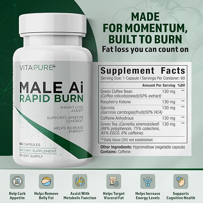 Male Ai Rapid Fat Burner for Men | Supports GLP-1 Pathway Function for Weight Loss | Appetite Suppressant, Energy Booster, Diet Pills | 3rd Party Tested Formula - 60 Capsules-StrideForce Fitness