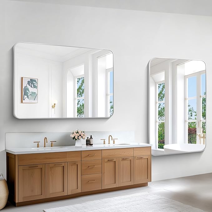 Silver Bathroom Mirror,55x36 inch Wall Mirror for Bathroom Wall Mounted,Rectangle Mirror for Bathroom Over Sink,Modern Frame Round Corner for Living Room,Bedroom Entryway,Horizontal/Vertical-StrideForce Fitness