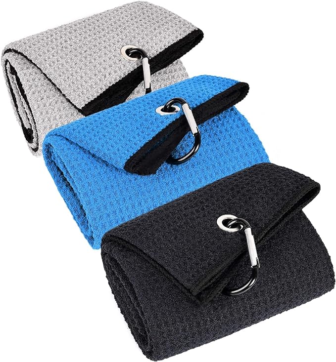 3 Pack Large Golf Towels, 16" x 24" Tri-Fold Portable Microfiber Fabric Waffle Pattern Golf Towel for Golf Bag with Carabiner Clip to Quickly Remove Sand, Mud, Dirt and Sweat-StrideForce Fitness