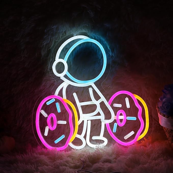 Astronaut Lifting Donut Neon Sign Astronaut Donut Neon Light Astronaut Light Sign Dimmable Bakery LED Neon Light for Club Decor Man Cave Game Room Bar Pub 12.5"×12.7"-StrideForce Fitness