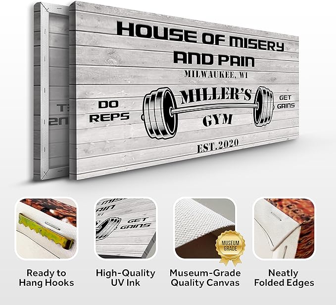 Tailored Canvases Personalized Gym Sign Wall Art Decor - Motivational Canvas for Home Gym, Workout Room, Garage, Fitness Center - Workout Inspirational Posters - House of Misery and Pain, White Wood 48x24in-StrideForce Fitness