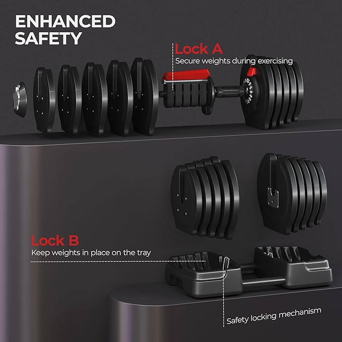 Yaheetech Adjustable Dumbbell Set Free Weight Dumbbells 40lbs/52.5lbs/90lbs Fast Adjust Dumbbells Dumbbell Weight Set, with Tray for Men/Women Strength Training Equipment-StrideForce Fitness