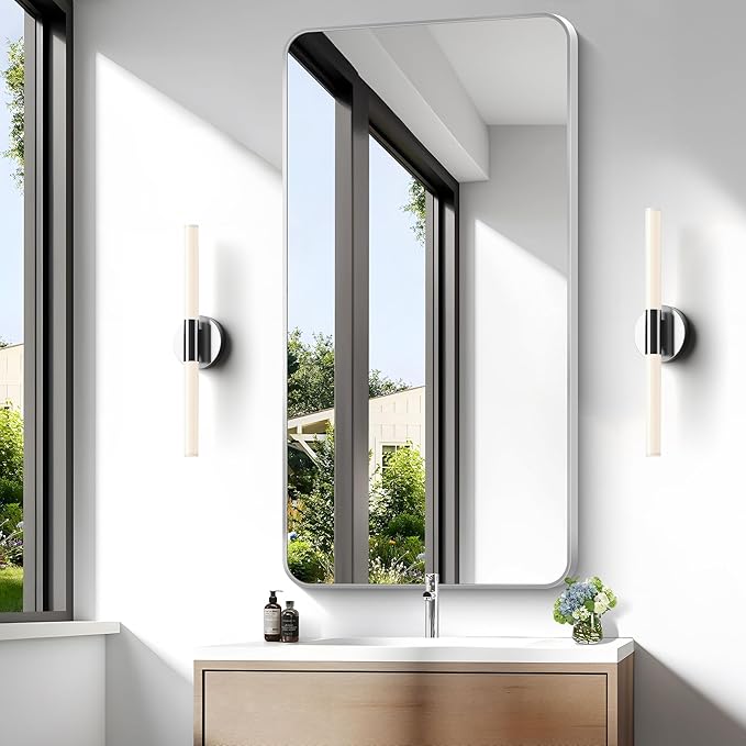 Silver Bathroom Mirror,24x48 inch Wall Mirror for Bathroom Wall Mounted,Rectangle Mirror for Bathroom Over Sink,Modern Frame Round Corner for Living Room,Bedroom Entryway,Horizontal/Vertical-StrideForce Fitness