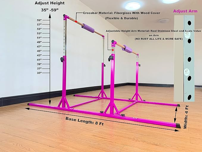 Gymnastics Double Horizontal Bars 3Play Parallel Bars Uneven Bars Gymnastics Training Kip Bar with 304 Stainless Steel Regulating Arms & Fiberglass Rail for Indoor Outdoor Home Club Use-StrideForce Fitness