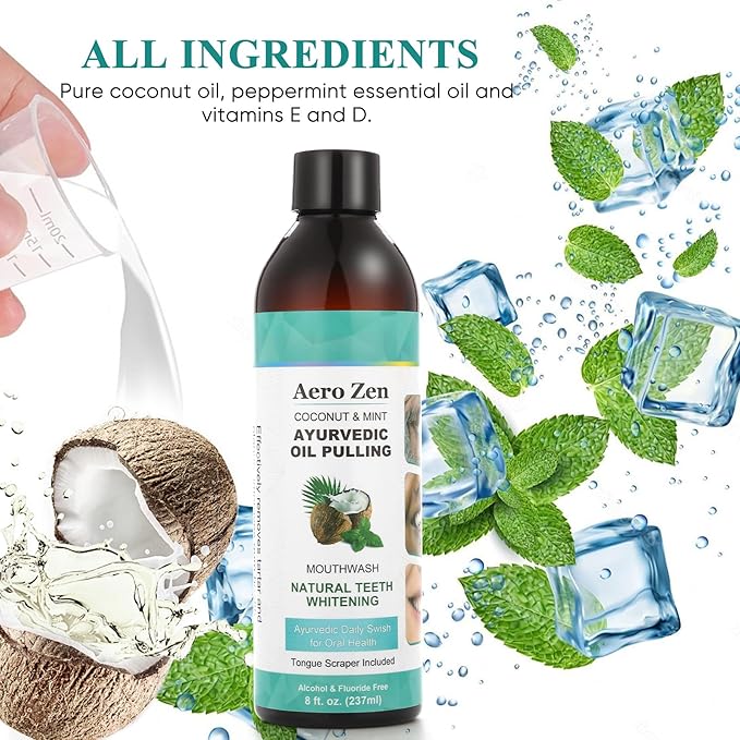 Coconut Oil Pulling Mouthwash with Peppermint - Alcohol-Free Oral Care - Fresh Breath Solution - Organic Essential Oils Formula with Tongue Scraper - Gum Health Treatment - 237ML