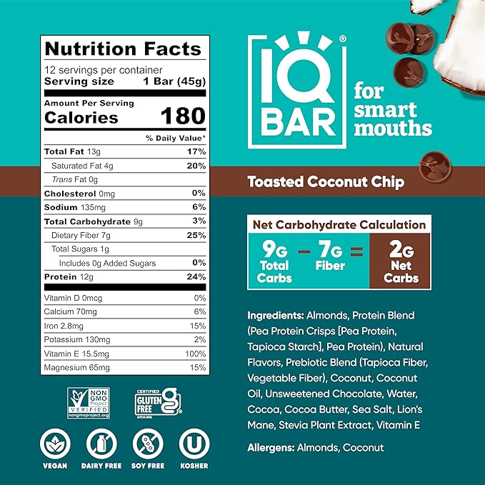 IQBAR Brain and Body Plant Protein Bars - Toasted Coconut Chip - 36-Count Low Carb - Gluten Free, High Fiber, Vegan Snacks - Low Sugar Meal Replacement-StrideForce Fitness