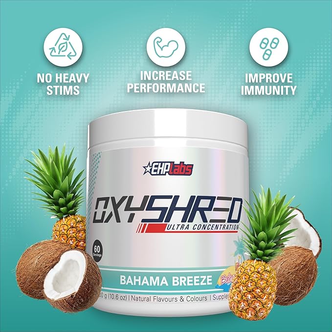 EHP Labs OxyShred Pre Workout Powder - Preworkout Powder with L Glutamine & Acetyl L Carnitine, Energy Boost Drink - Bahama Breeze, 60 Servings-StrideForce Fitness