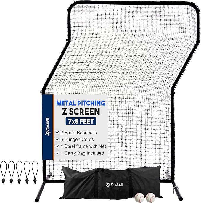 Yes4All Portable L-Screen Baseball 7x7ft with 2 Baseballs, Rubber Wheels - L Screen Baseball for Batting Cage, Protective Pitching Screen Net Double Layers, Carry Bag Included-StrideForce Fitness
