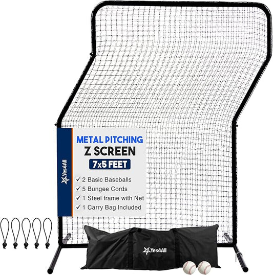 Yes4All Portable L-Screen Baseball 7x7ft with 2 Baseballs, Rubber Wheels - L Screen Baseball for Batting Cage, Protective Pitching Screen Net Double Layers, Carry Bag Included-StrideForce Fitness