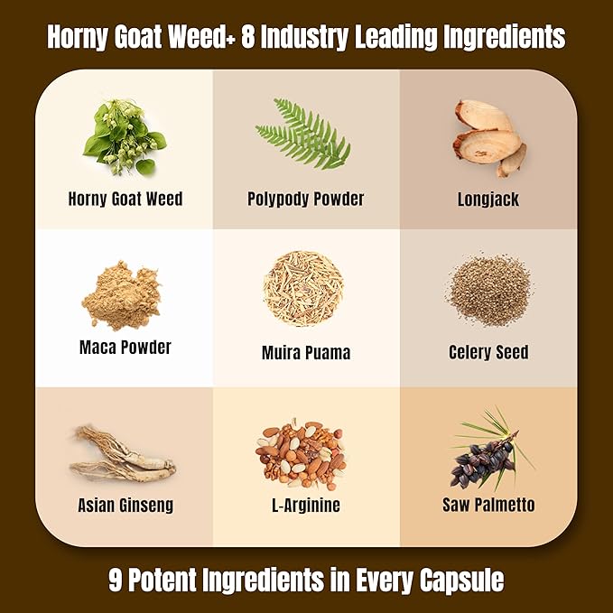 Premium Horny Goat Weed + 9 Ingredients - Performance Pills for Men for Fast Acting Blood-Flow, Build Muscle & Supports Men's Health | 9 Backed Ingredients | 3rd Party Tested Supplement - 60 Pills-StrideForce Fitness