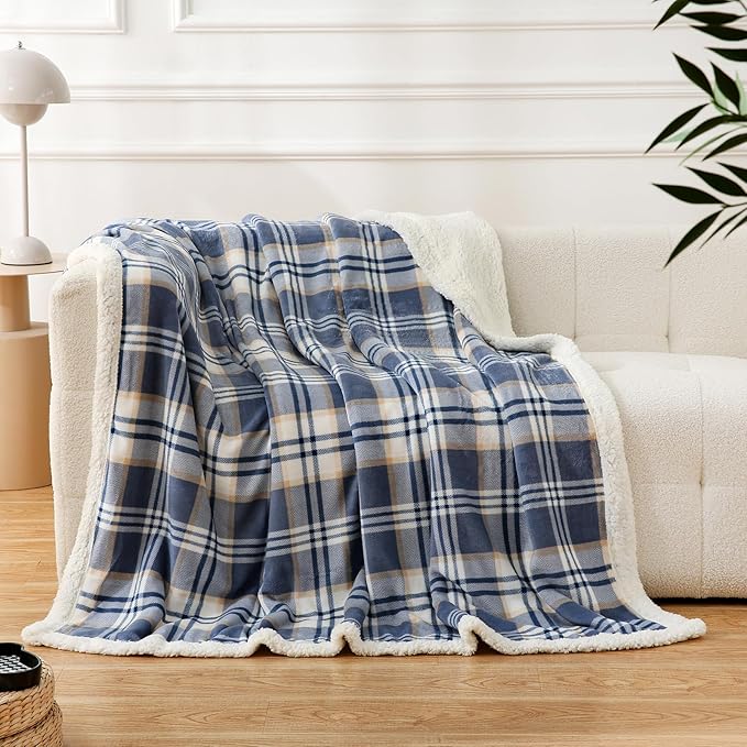 PU MEI Sherpa Blanket Twin Plaid Thick Bed Blanket, 60”*80” Super Soft Flannel Fuzzy Fleece Reversible Velvet Plush Warm Blanket for Couch (Blue White Check)-StrideForce Fitness