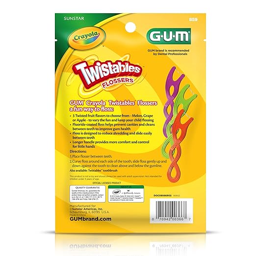 GUM Crayola Twistables Kids Flossers with Fluoride - Designed for Little Hands - Three Fun Fruit Flavors - Easy to Use Kids Floss Picks for Children Ages 3+, 90 Count (Pack of 4)